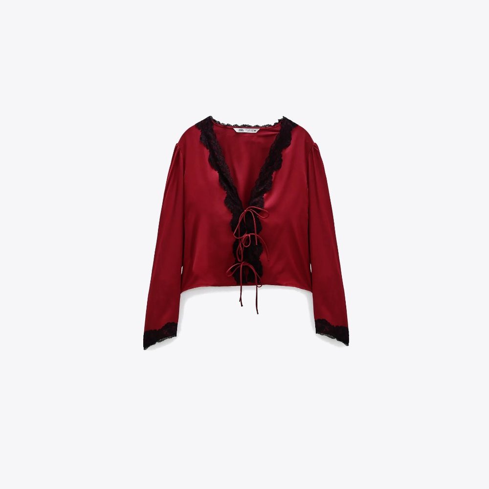 Zara burgundy & black lace-like accent blouse top - Picture 5 of 12